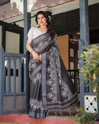 Black and White Pure Cotton Linen Saree with Intricate Floral Design and Tassels on Edges LINEN