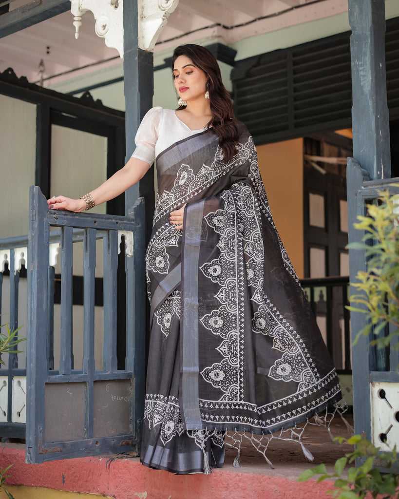 Black and White Pure Cotton Linen Saree with Intricate Floral Design and Tassels on Edges LINEN