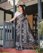 Load image into Gallery viewer, Black and White Pure Cotton Linen Saree with Intricate Floral Design and Tassels on Edges LINEN