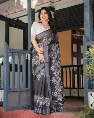 Black and White Pure Cotton Linen Saree with Intricate Floral Design and Tassels on Edges LINEN