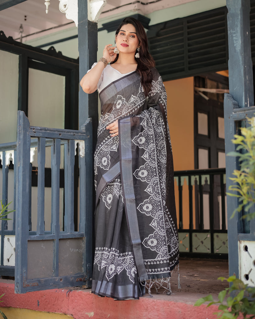 Black and White Pure Cotton Linen Saree with Intricate Floral Design and Tassels on Edges LINEN