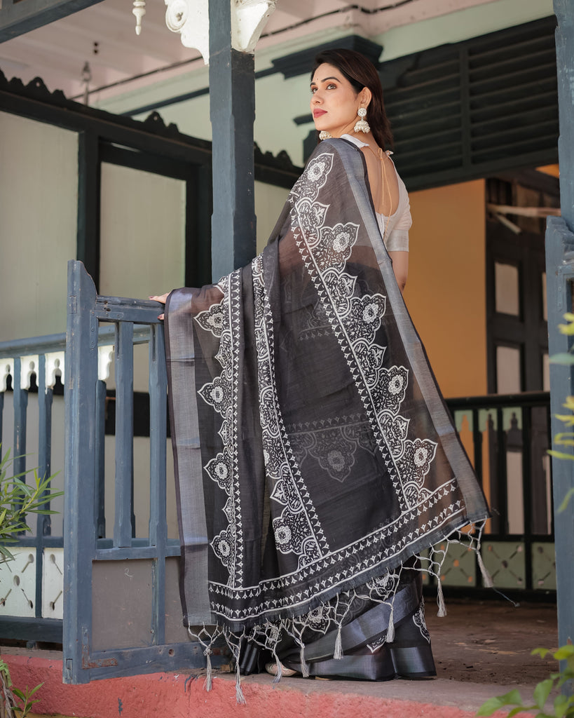 Black and White Pure Cotton Linen Saree with Intricate Floral Design and Tassels on Edges LINEN