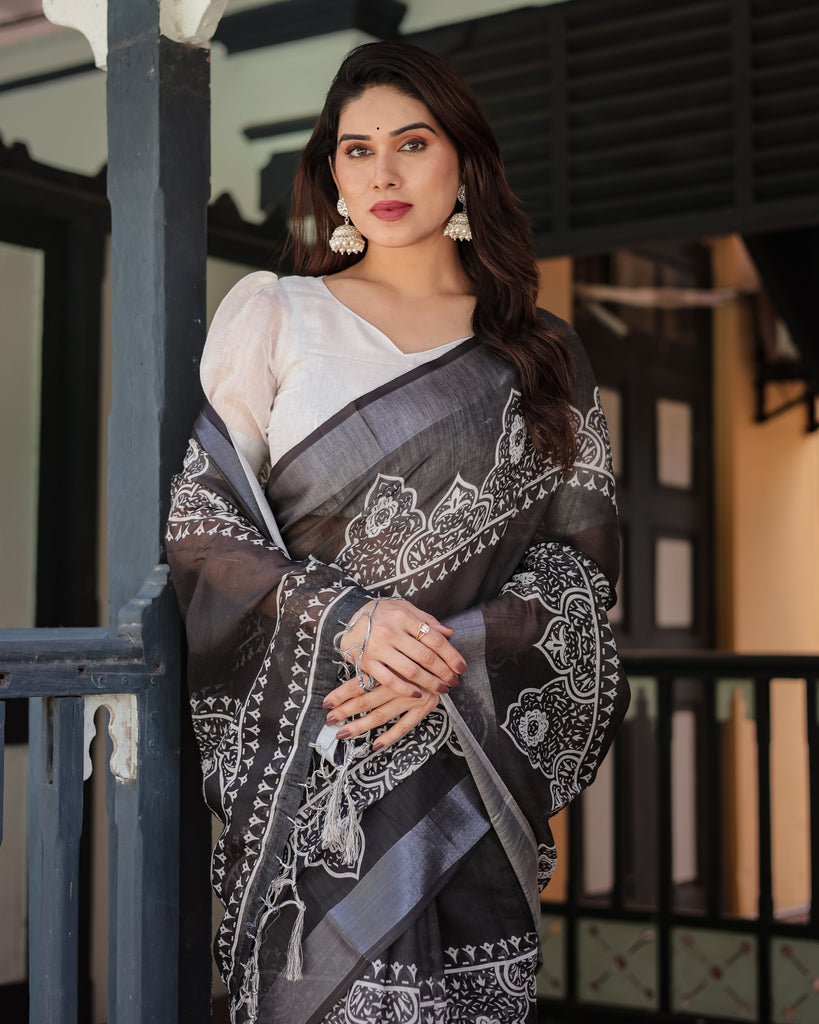 Black and White Pure Cotton Linen Saree with Intricate Floral Design and Tassels on Edges LINEN