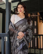 Load image into Gallery viewer, Black and White Pure Cotton Linen Saree with Intricate Floral Design and Tassels on Edges LINEN