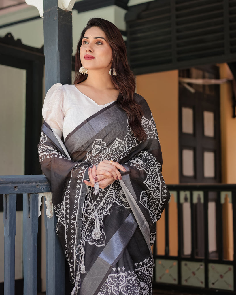 Black and White Pure Cotton Linen Saree with Intricate Floral Design and Tassels on Edges LINEN