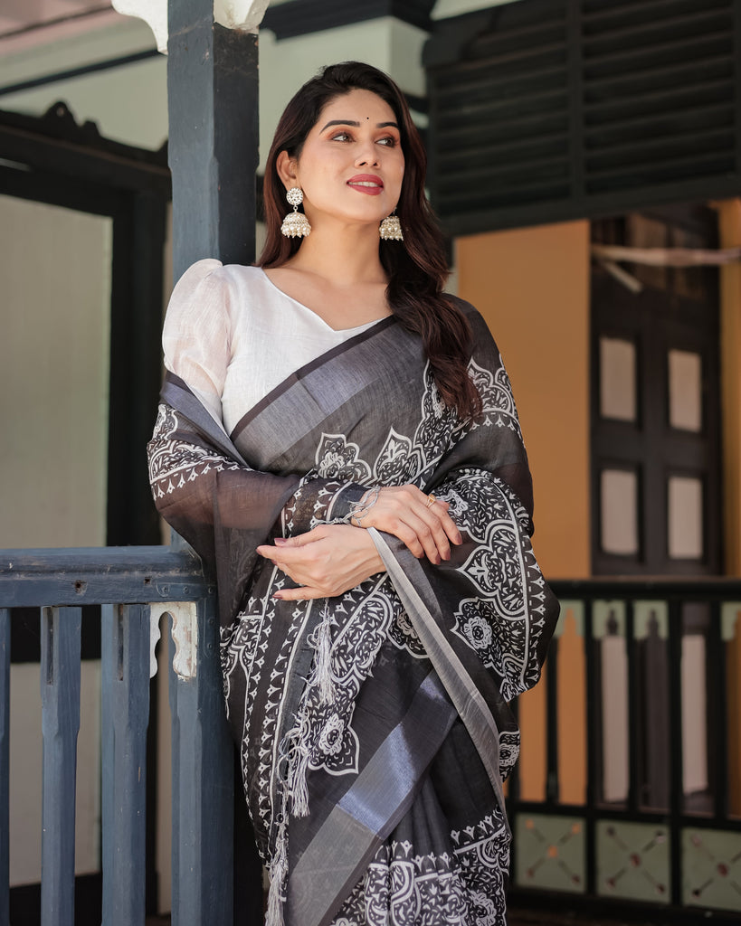 Black and White Pure Cotton Linen Saree with Intricate Floral Design and Tassels on Edges LINEN