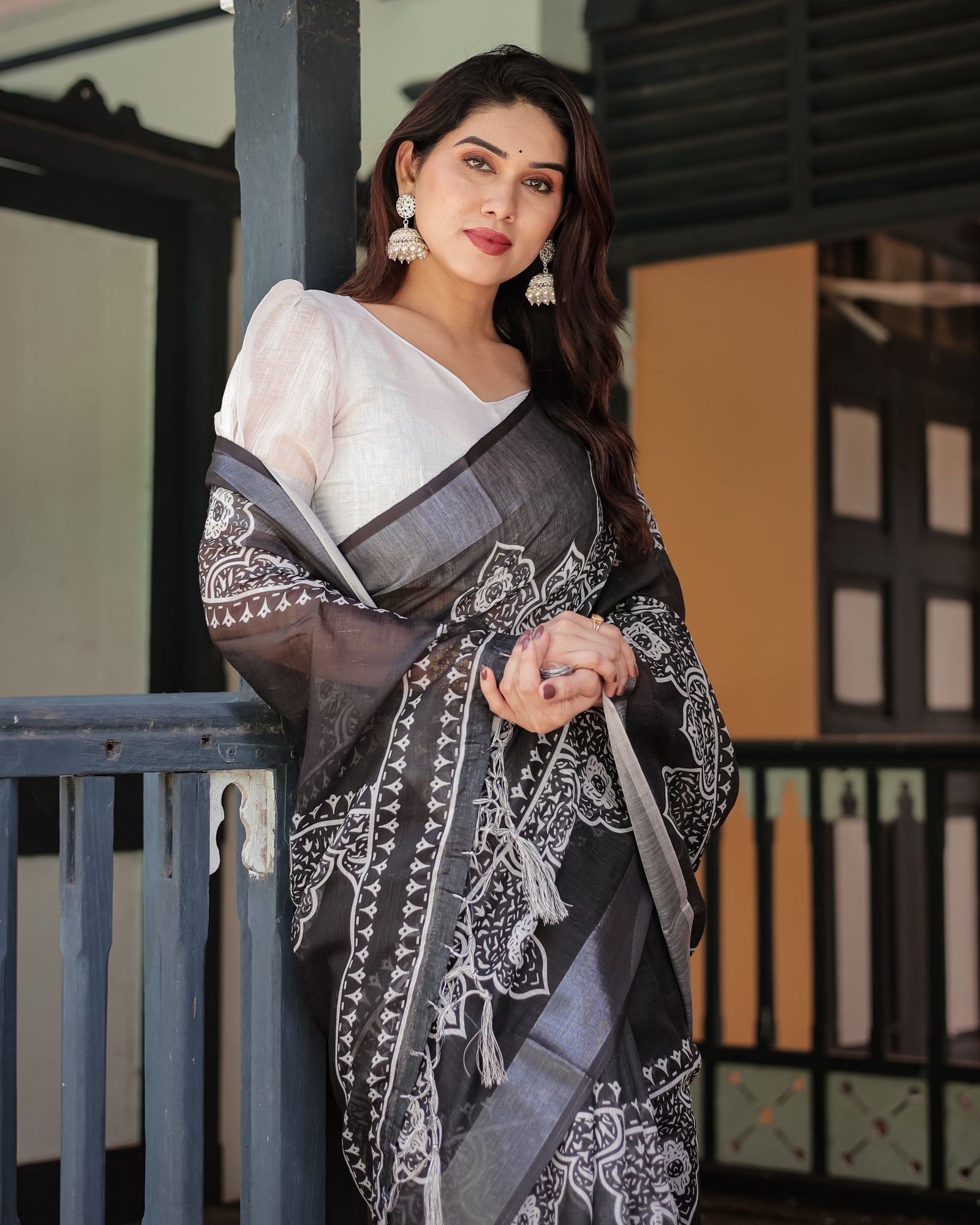Black and White Pure Cotton Linen Saree with Intricate Floral Design and Tassels on Edges LINEN