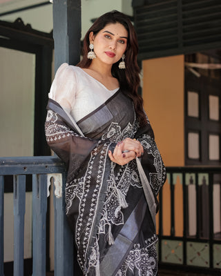 Black and White Pure Cotton Linen Saree with Intricate Floral Design and Tassels on Edges LINEN