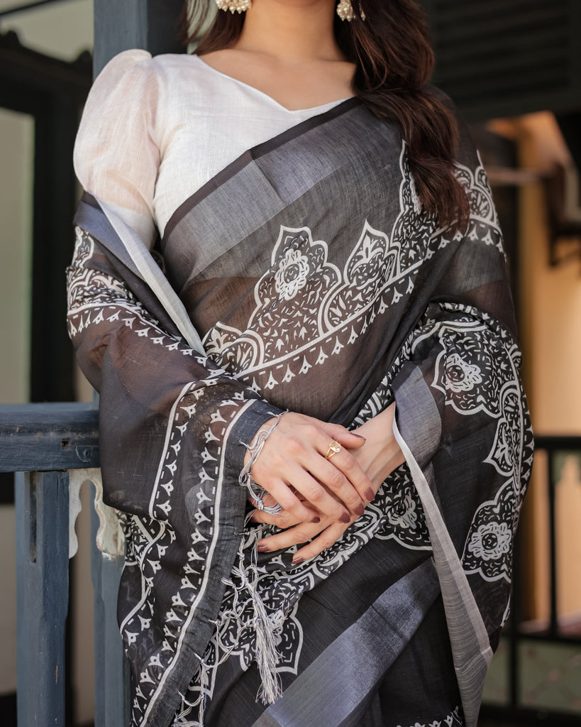 Black and White Pure Cotton Linen Saree with Intricate Floral Design and Tassels on Edges LINEN