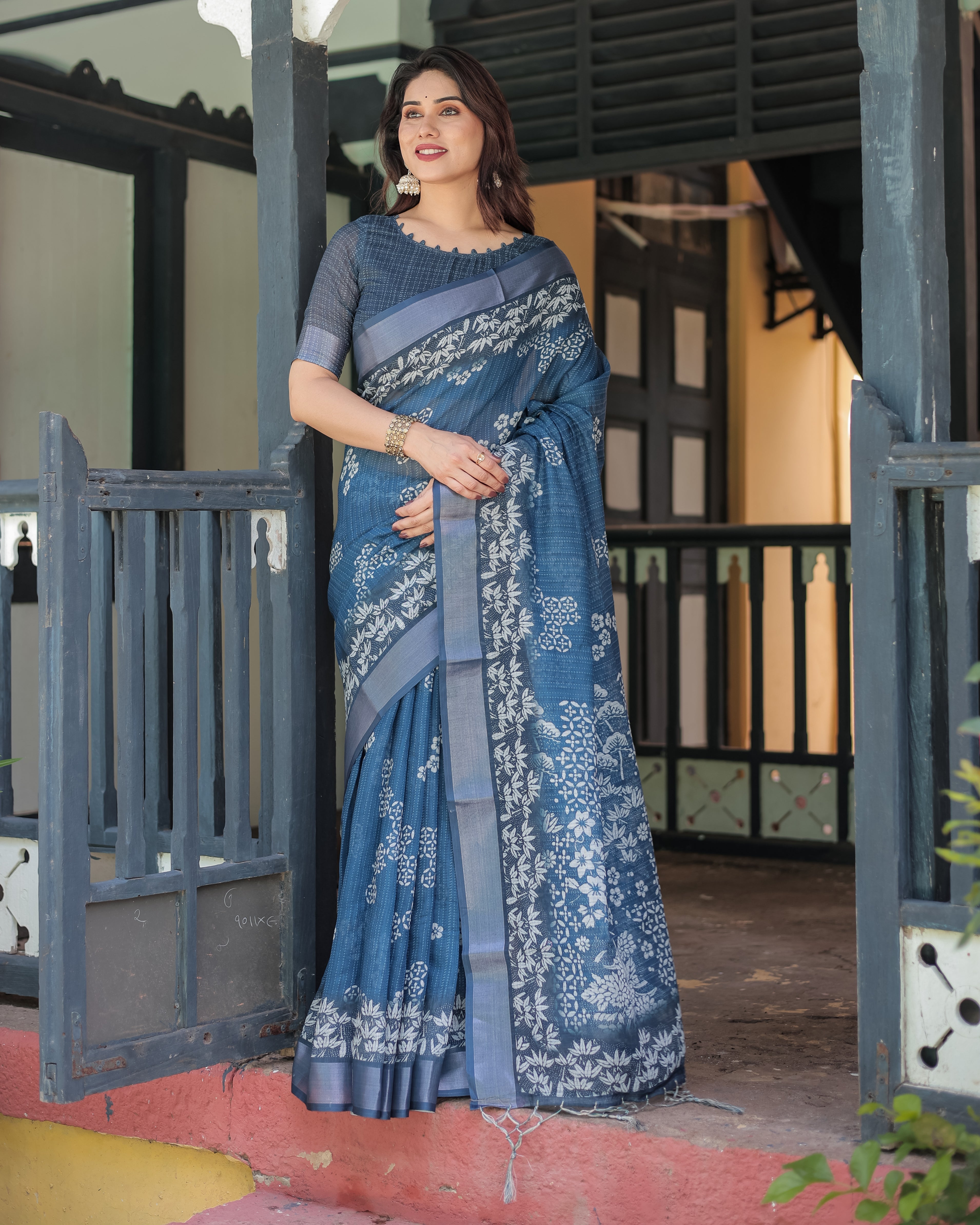 Indigo Blue Pure Cotton Linen Saree with White Floral Pattern, Blouse & Tassel Details Secondary image