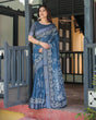 Load image into Gallery viewer, Indigo Blue Pure Cotton Linen Saree with White Floral Pattern, Blouse &amp; Tassel Details LINEN