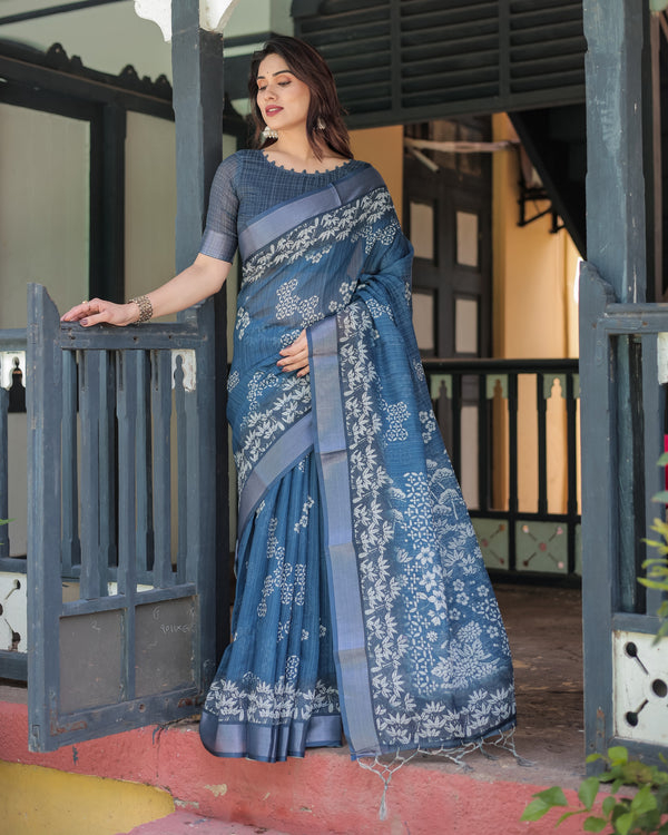 Indigo Blue Pure Cotton Linen Saree with White Floral Pattern, Blouse & Tassel Details LINEN