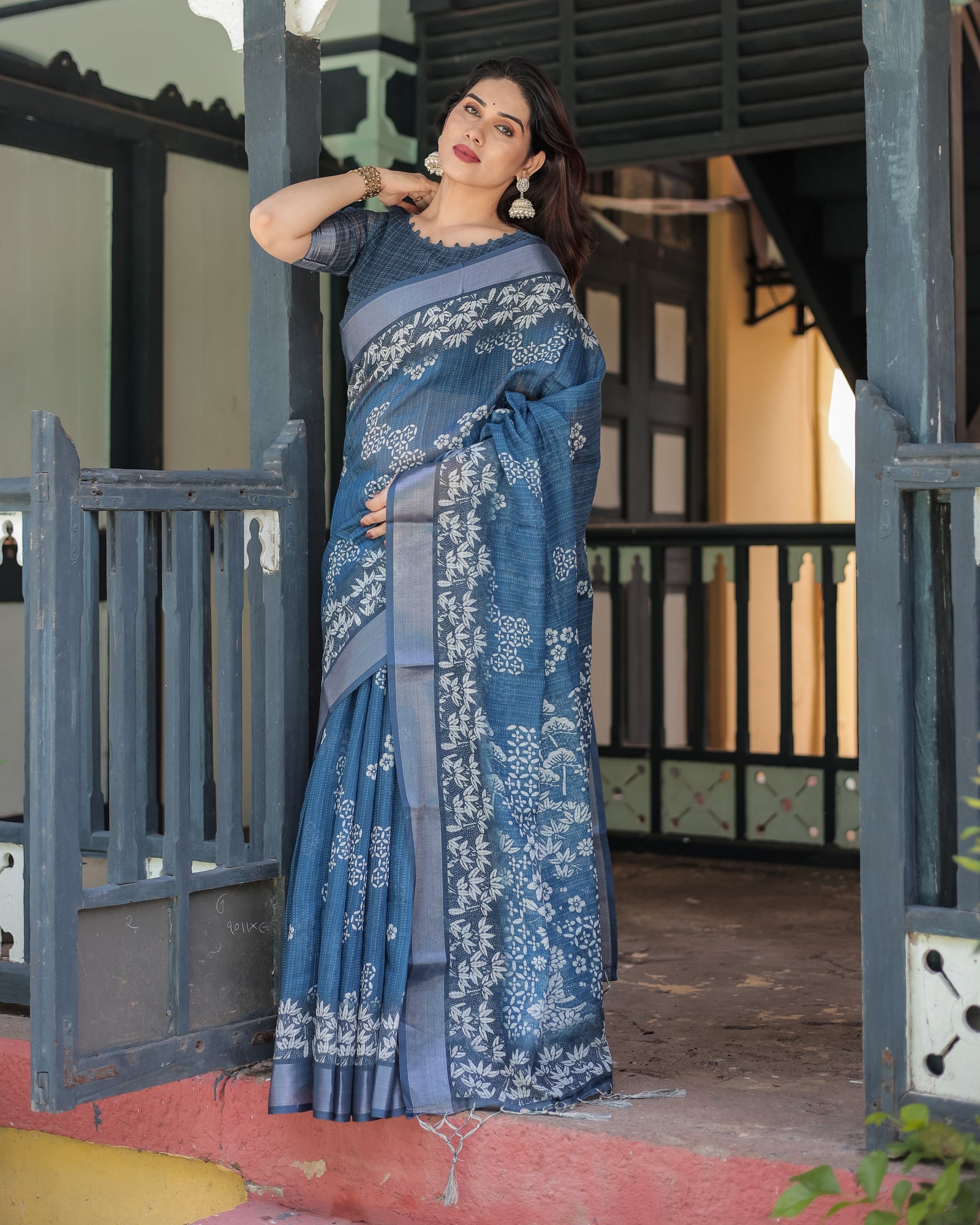 Indigo Blue Pure Cotton Linen Saree with White Floral Pattern, Blouse & Tassel Details LINEN