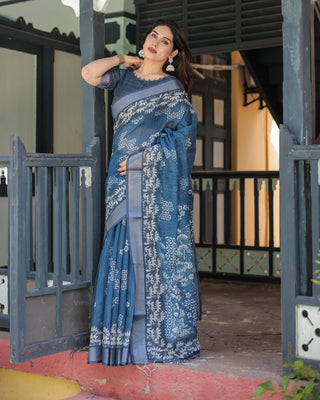 Indigo Blue Pure Cotton Linen Saree with White Floral Pattern, Blouse & Tassel Details LINEN