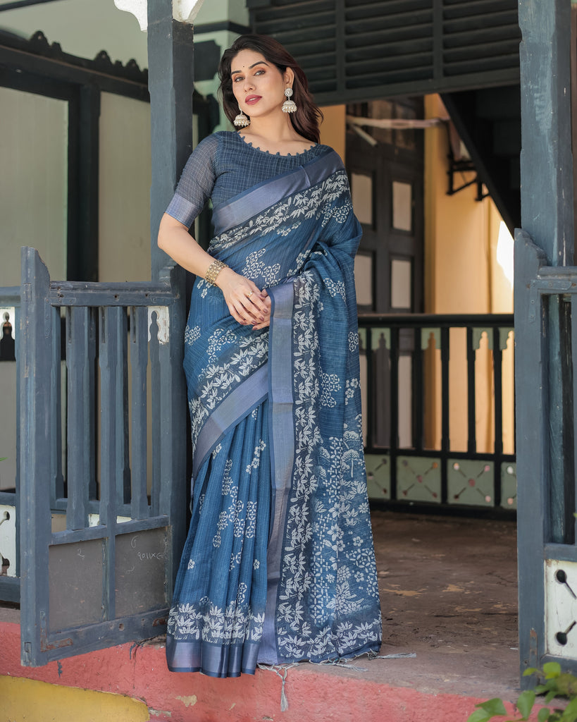 Indigo Blue Pure Cotton Linen Saree with White Floral Pattern, Blouse & Tassel Details LINEN