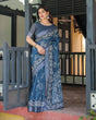 Load image into Gallery viewer, Indigo Blue Pure Cotton Linen Saree with White Floral Pattern, Blouse &amp; Tassel Details LINEN