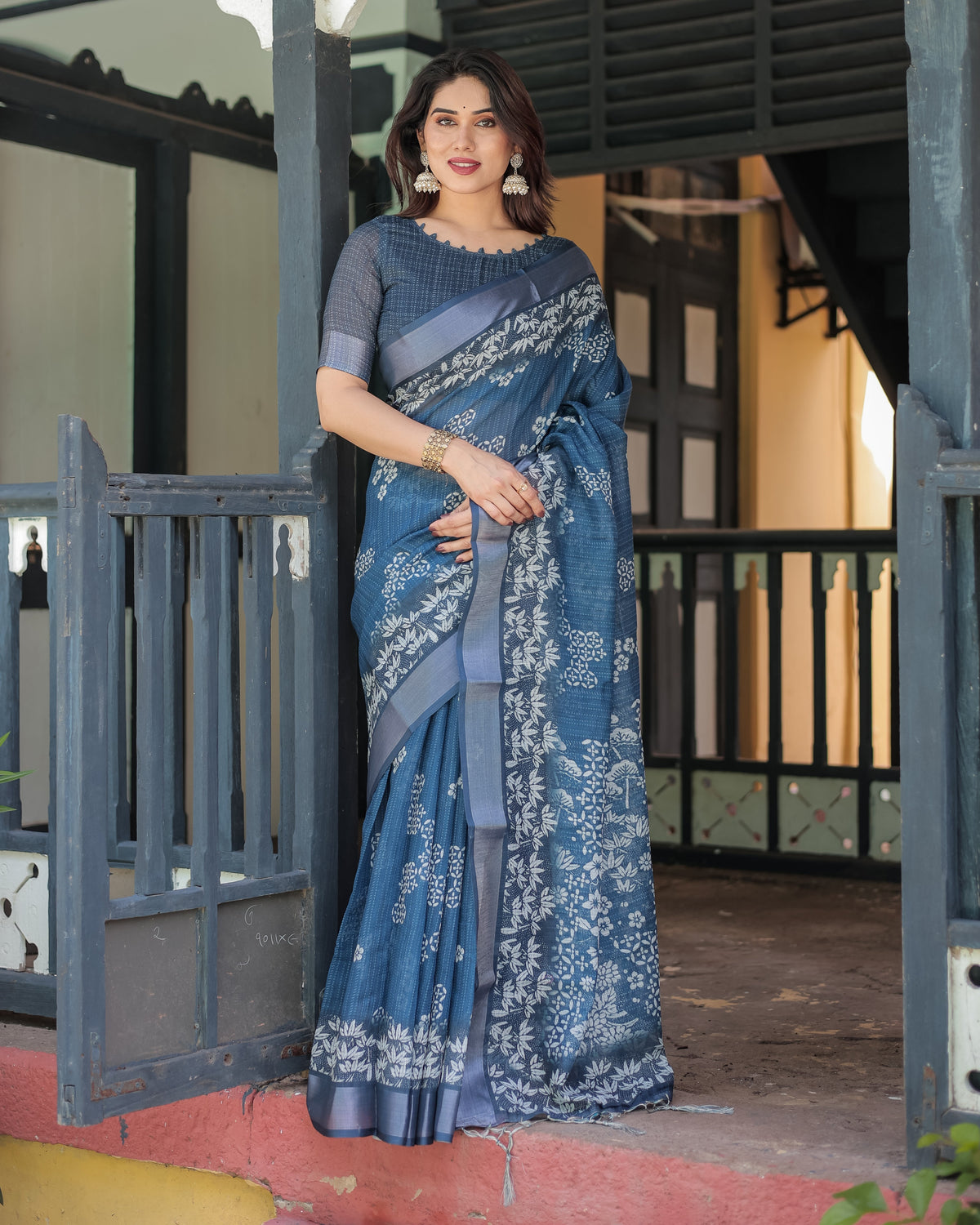 Indigo Blue Pure Cotton Linen Saree with White Floral Pattern, Blouse & Tassel Details LINEN Main image