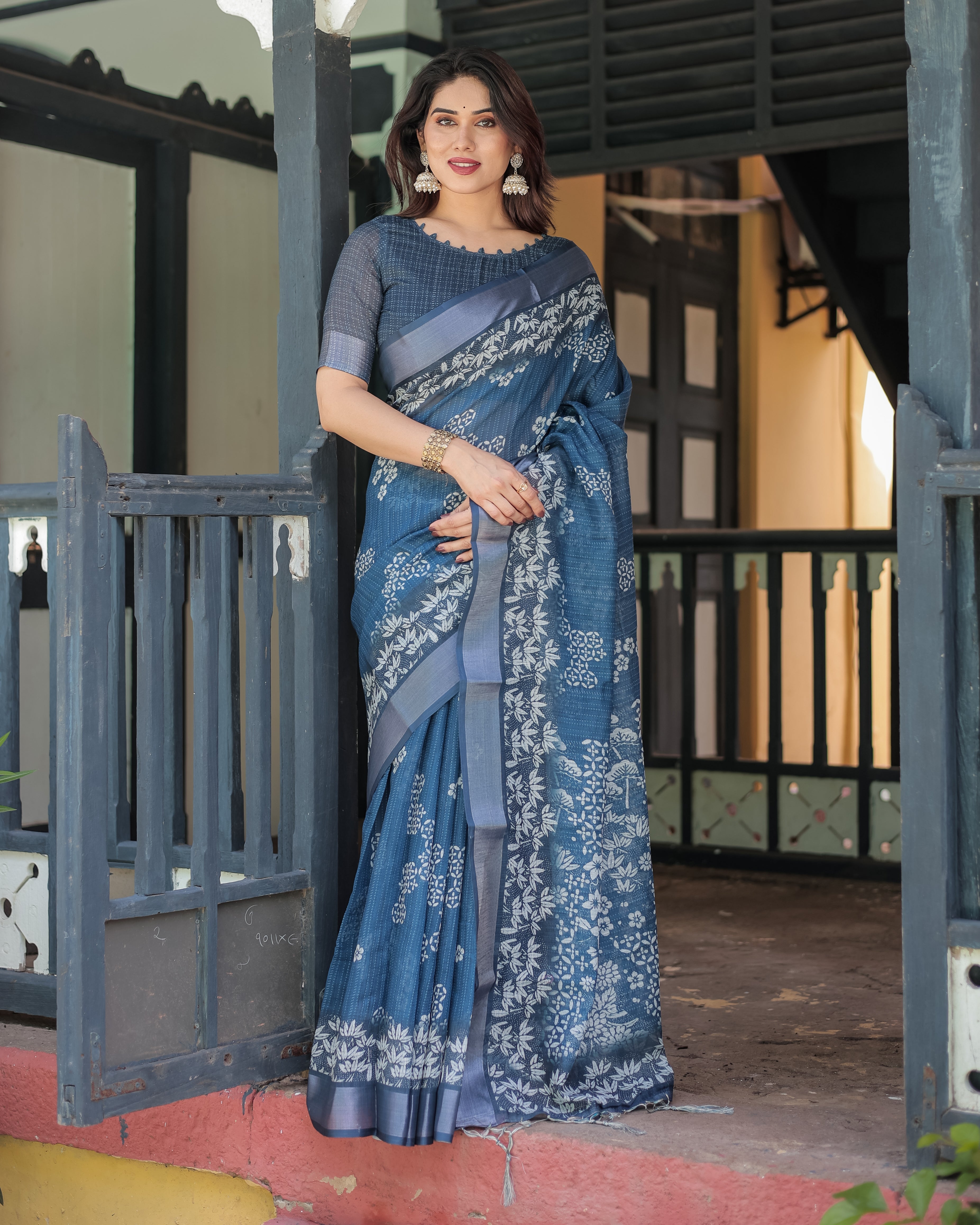 Indigo Blue Pure Cotton Linen Saree with White Floral Pattern, Blouse & Tassel Details LINEN Main image