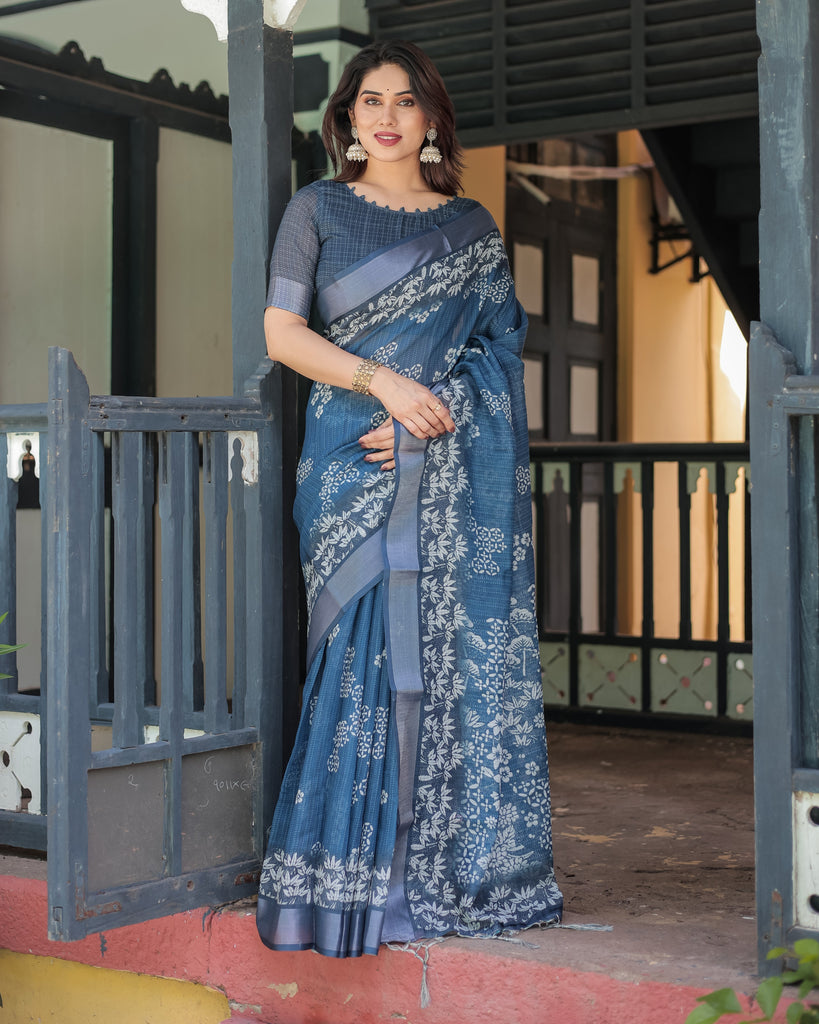 Indigo Blue Pure Cotton Linen Saree with White Floral Pattern, Blouse & Tassel Details LINEN