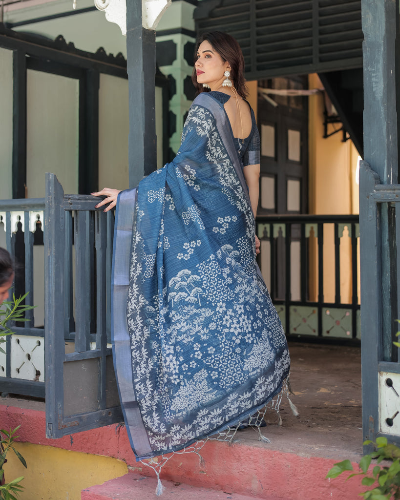 Indigo Blue Pure Cotton Linen Saree with White Floral Pattern, Blouse & Tassel Details LINEN