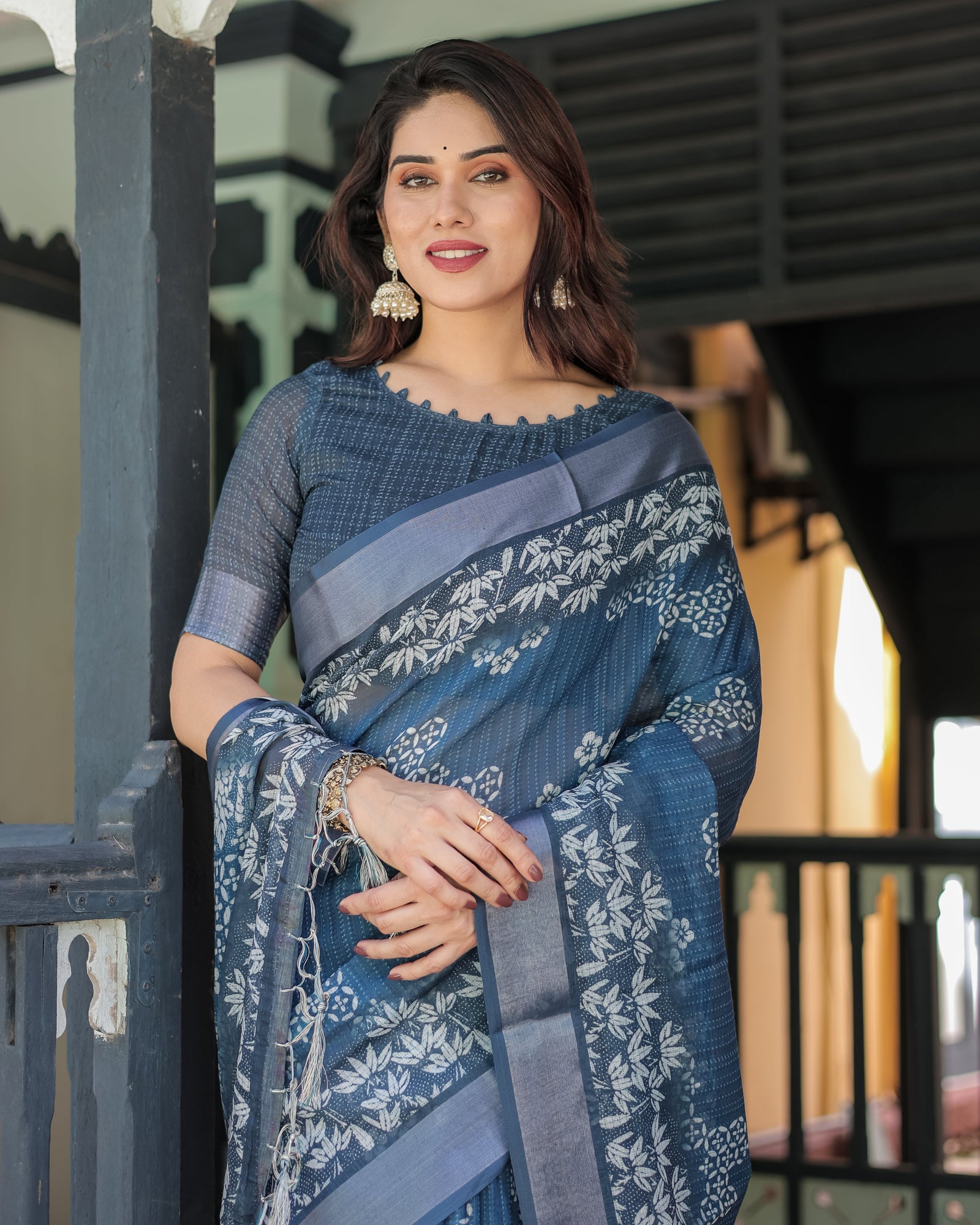 Indigo Blue Pure Cotton Linen Saree with White Floral Pattern, Blouse & Tassel Details LINEN