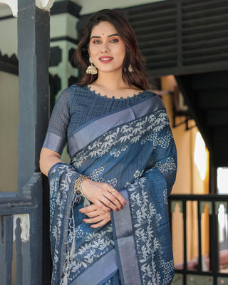 Indigo Blue Pure Cotton Linen Saree with White Floral Pattern, Blouse & Tassel Details LINEN