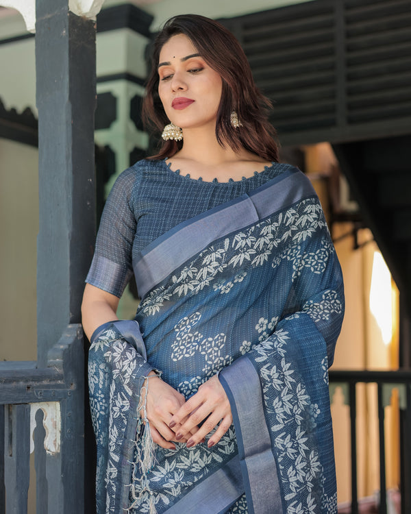 Indigo Blue Pure Cotton Linen Saree with White Floral Pattern, Blouse & Tassel Details LINEN