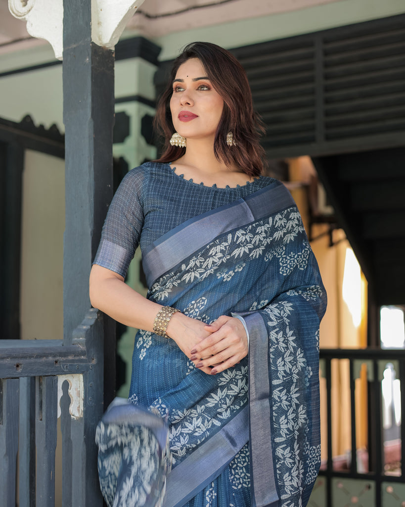 Indigo Blue Pure Cotton Linen Saree with White Floral Pattern, Blouse & Tassel Details LINEN