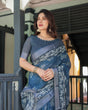 Load image into Gallery viewer, Indigo Blue Pure Cotton Linen Saree with White Floral Pattern, Blouse &amp; Tassel Details LINEN