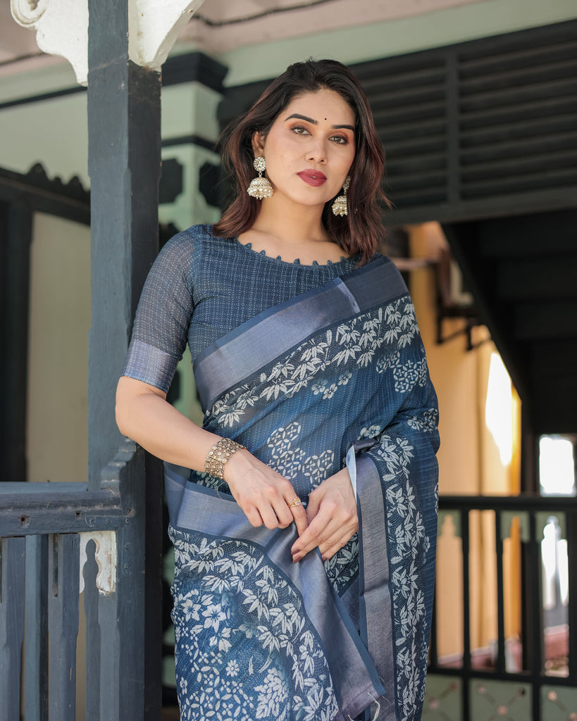 Indigo Blue Pure Cotton Linen Saree with White Floral Pattern, Blouse & Tassel Details LINEN