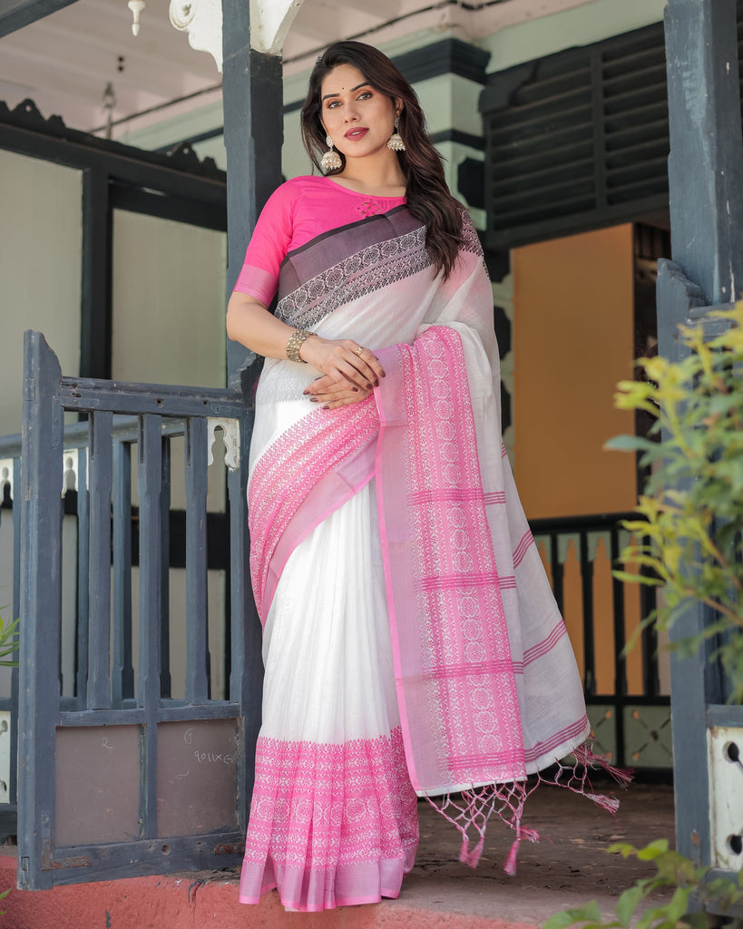 Elegant White and Pink Pure Cotton Linen Saree with Intricate Floral and Geometric Border Design and Tassels on Edges LINEN