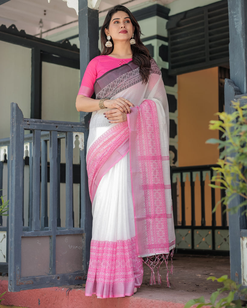 Elegant White and Pink Pure Cotton Linen Saree with Intricate Floral and Geometric Border Design and Tassels on Edges LINEN