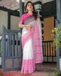 Load image into Gallery viewer, Elegant White and Pink Pure Cotton Linen Saree with Intricate Floral and Geometric Border Design and Tassels on Edges LINEN