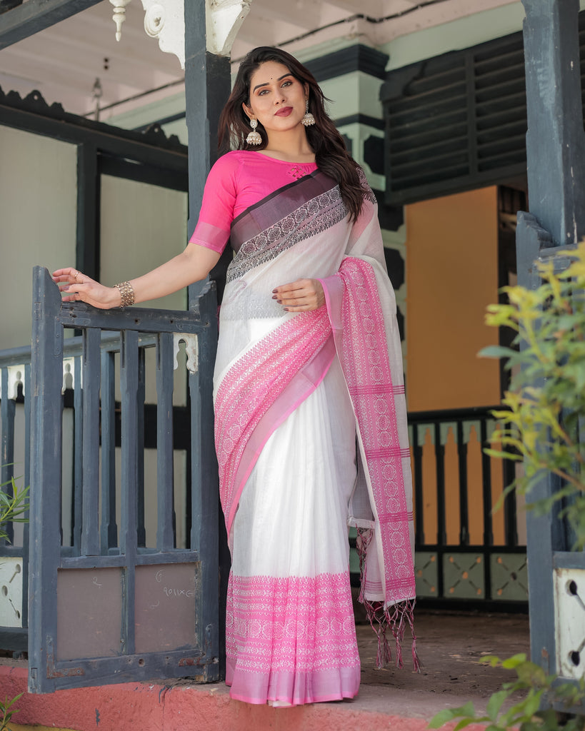 Elegant White and Pink Pure Cotton Linen Saree with Intricate Floral and Geometric Border Design and Tassels on Edges LINEN