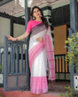 Load image into Gallery viewer, Elegant White and Pink Pure Cotton Linen Saree with Intricate Floral and Geometric Border Design and Tassels on Edges LINEN