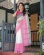 Elegant White and Pink Pure Cotton Linen Saree with Intricate Floral and Geometric Border Design and Tassels on Edges LINEN