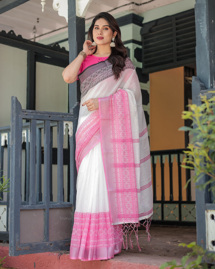 Elegant White and Pink Pure Cotton Linen Saree with Intricate Floral and Geometric Border Design and Tassels on Edges LINEN