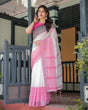 Load image into Gallery viewer, Elegant White and Pink Pure Cotton Linen Saree with Intricate Floral and Geometric Border Design and Tassels on Edges LINEN