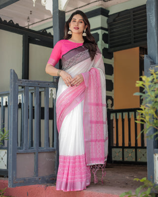 Elegant White and Pink Pure Cotton Linen Saree with Intricate Floral and Geometric Border Design and Tassels on Edges LINEN