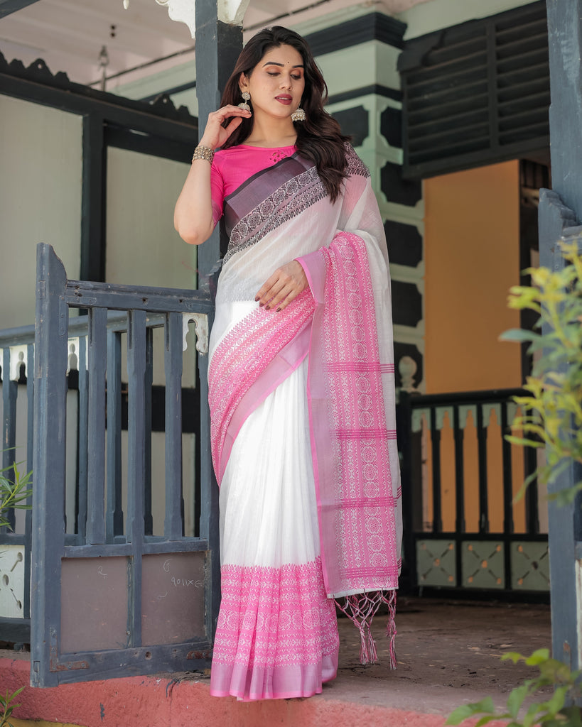 Elegant White and Pink Pure Cotton Linen Saree with Intricate Floral and Geometric Border Design and Tassels on Edges LINEN