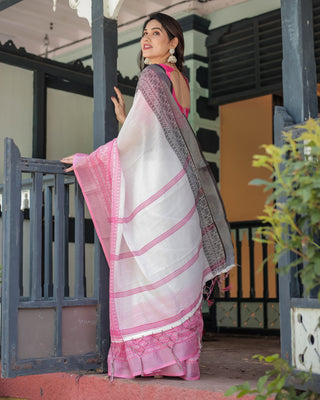 Elegant White and Pink Pure Cotton Linen Saree with Intricate Floral and Geometric Border Design and Tassels on Edges LINEN
