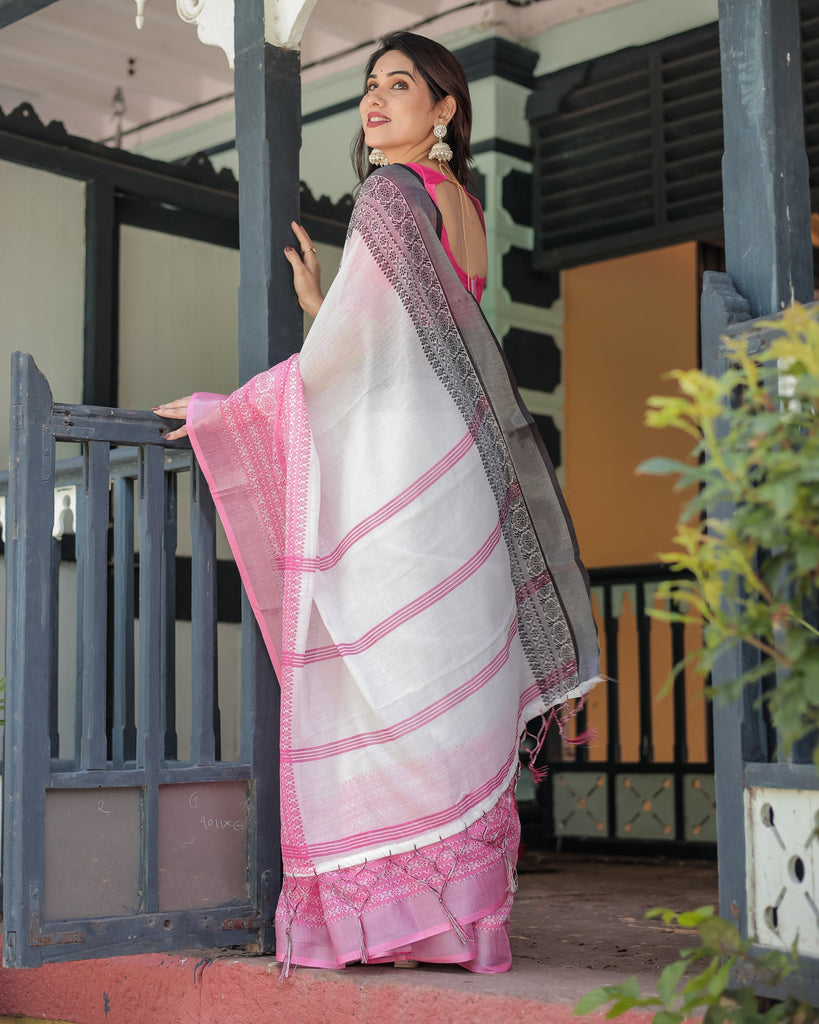 Elegant White and Pink Pure Cotton Linen Saree with Intricate Floral and Geometric Border Design and Tassels on Edges LINEN