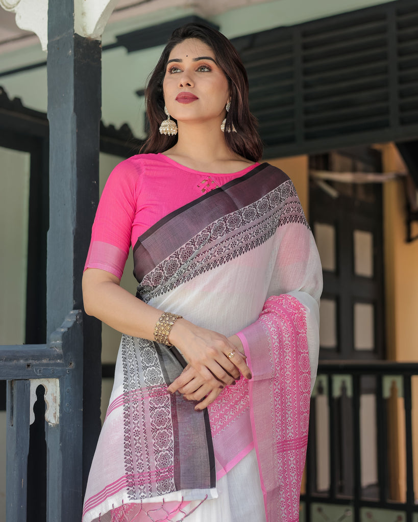 Elegant White and Pink Pure Cotton Linen Saree with Intricate Floral and Geometric Border Design and Tassels on Edges LINEN