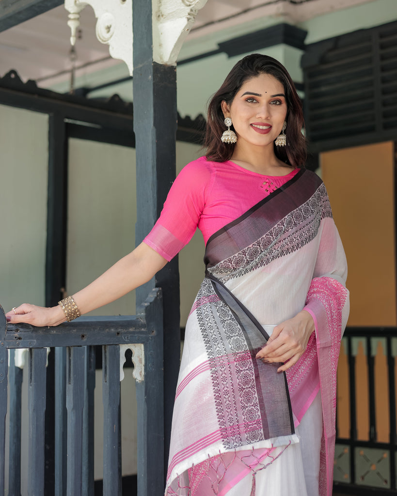 Elegant White and Pink Pure Cotton Linen Saree with Intricate Floral and Geometric Border Design and Tassels on Edges LINEN