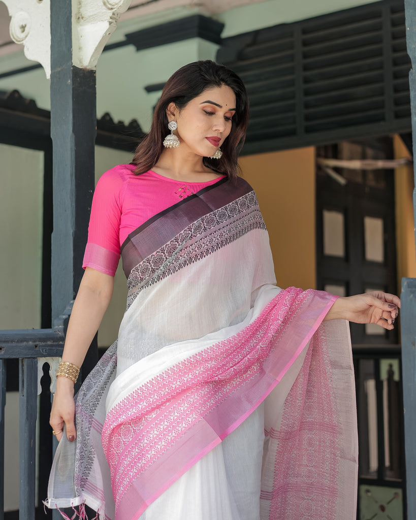 Elegant White and Pink Pure Cotton Linen Saree with Intricate Floral and Geometric Border Design and Tassels on Edges LINEN