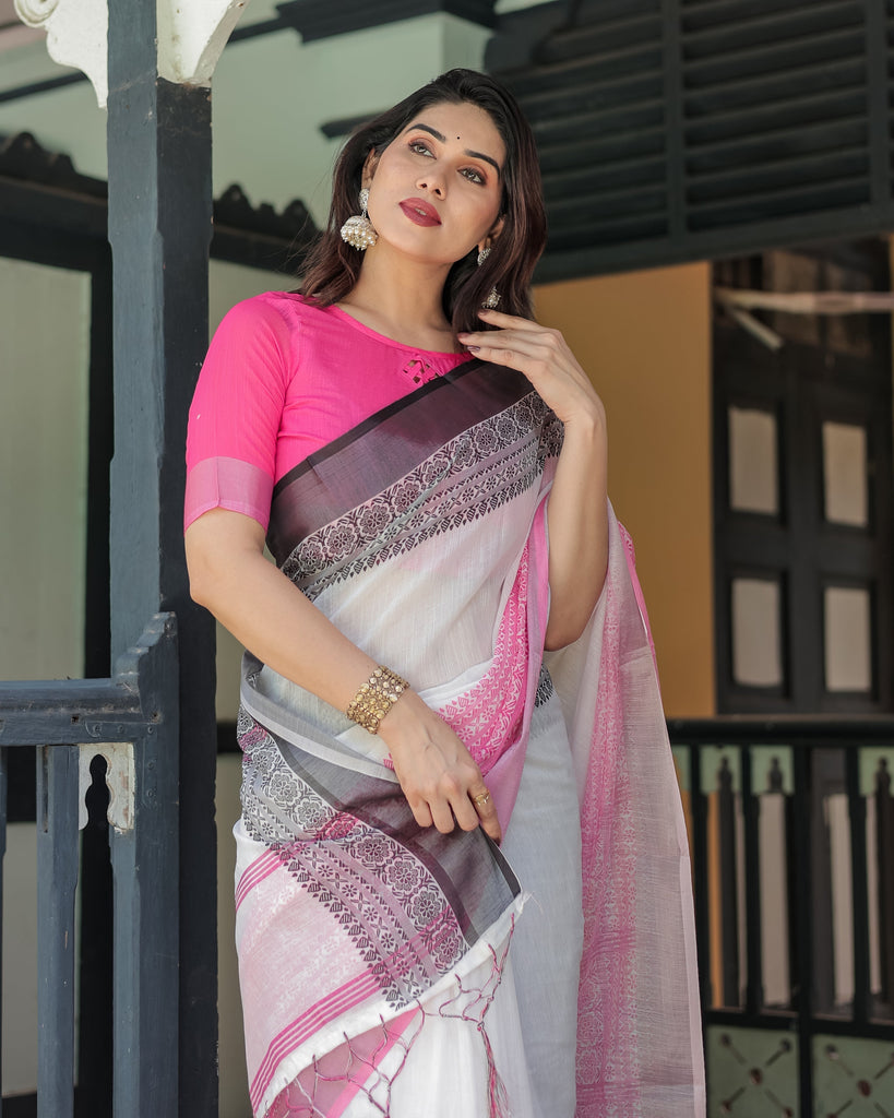 Elegant White and Pink Pure Cotton Linen Saree with Intricate Floral and Geometric Border Design and Tassels on Edges LINEN