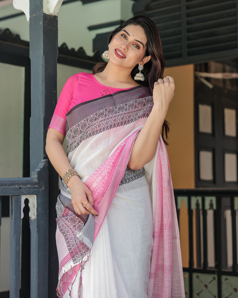 Elegant White and Pink Pure Cotton Linen Saree with Intricate Floral and Geometric Border Design and Tassels on Edges LINEN