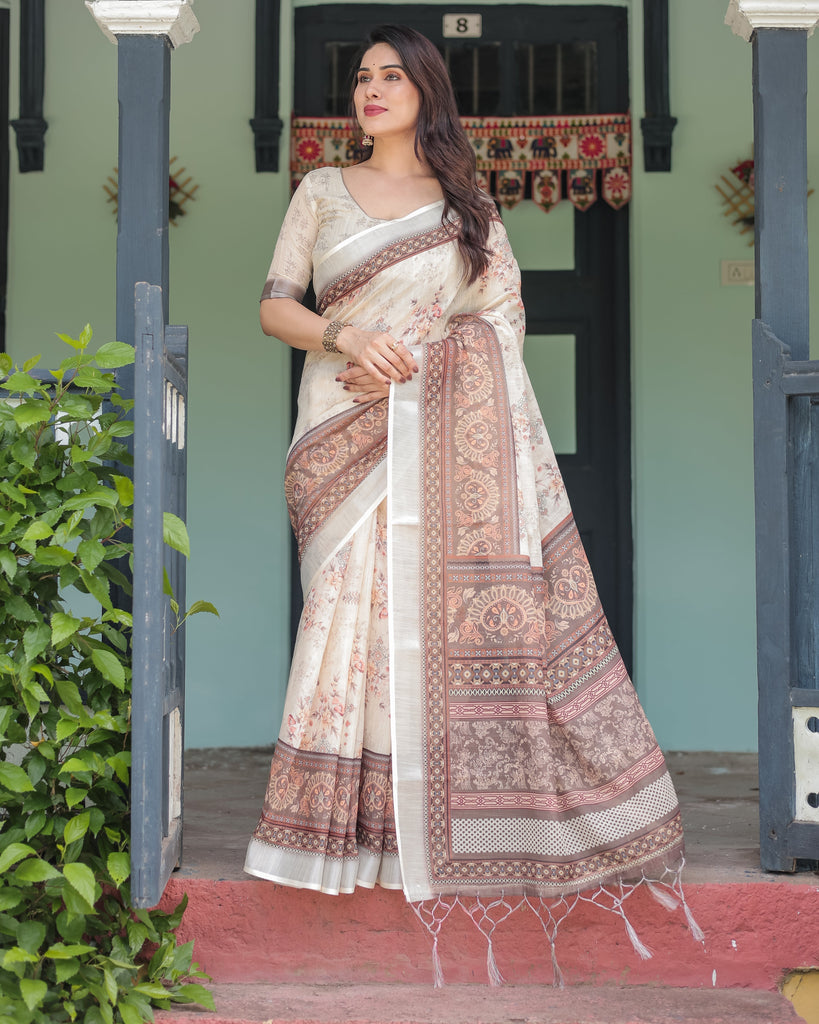 Cream and Brown Floral Print Pure Cotton Linen Saree with Blouse and Tassels on Edges LINEN