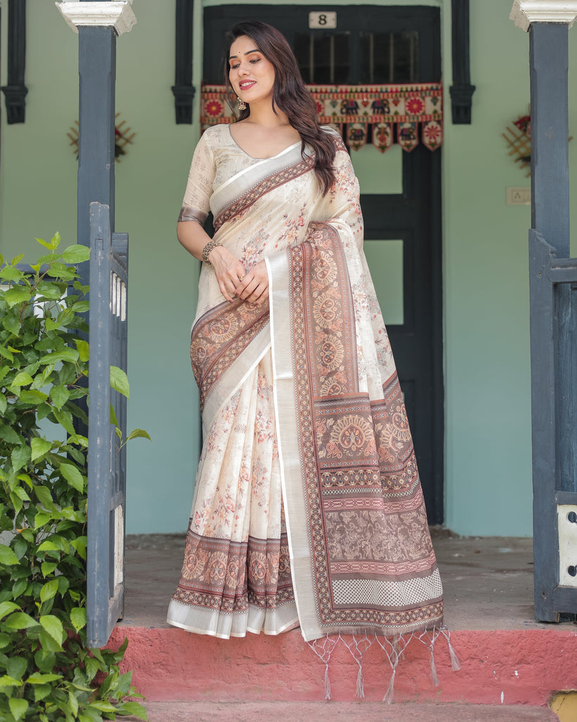 Cream and Brown Floral Print Pure Cotton Linen Saree with Blouse and Tassels on Edges LINEN
