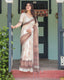 Cream and Brown Floral Print Pure Cotton Linen Saree with Blouse and Tassels on Edges LINEN